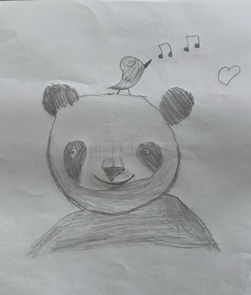 Desenho original em lápis de panda com passarinho